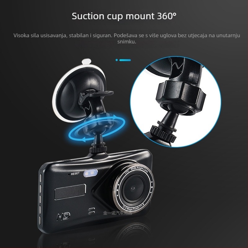 Kamera za automobil s dvostrukim objektivom i dodirnim zaslonom; snimanje naprijed i nazad u 1080p; široki kut 170°; petlja snimanja; podrška TF kartici.