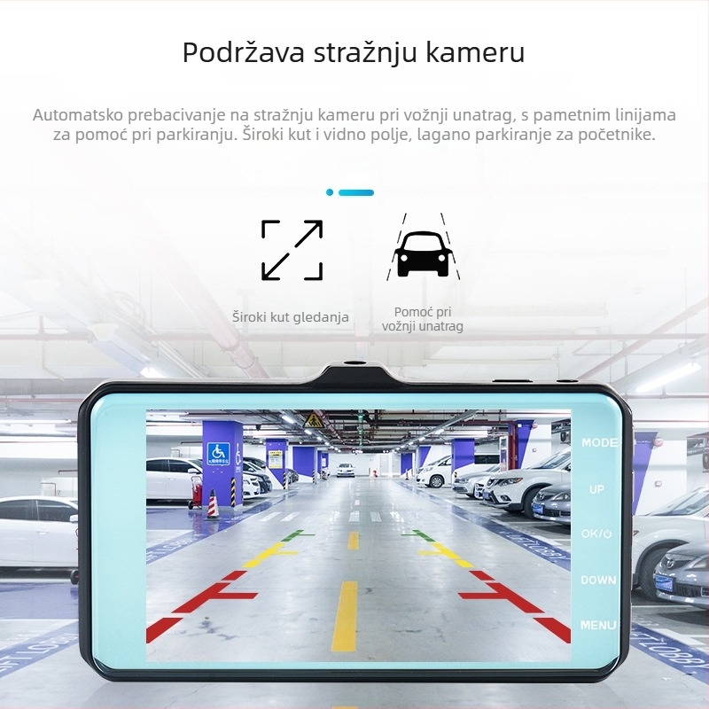 Kamera za automobil s dvostrukim objektivom i dodirnim zaslonom; snimanje naprijed i nazad u 1080p; široki kut 170°; petlja snimanja; podrška TF kartici.