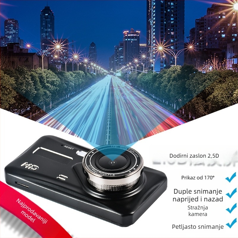 Kamera za automobil s dvostrukim objektivom i dodirnim zaslonom; snimanje naprijed i nazad u 1080p; široki kut 170°; petlja snimanja; podrška TF kartici.
