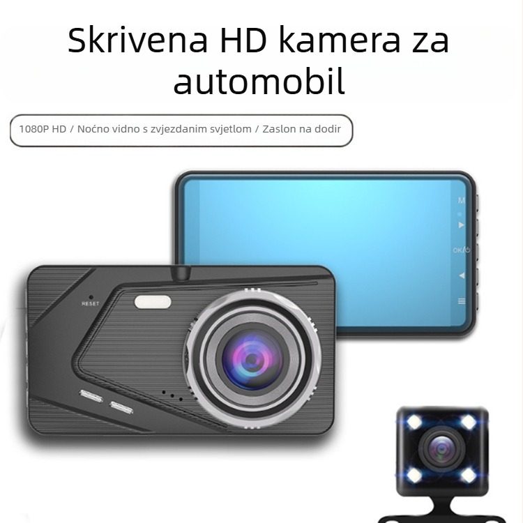 Auto DVR s prednjom i stražnjom dvostrukom kamerom, 1080p, IPS zaslon, 140° širokokutni pogled, petlja snimanja