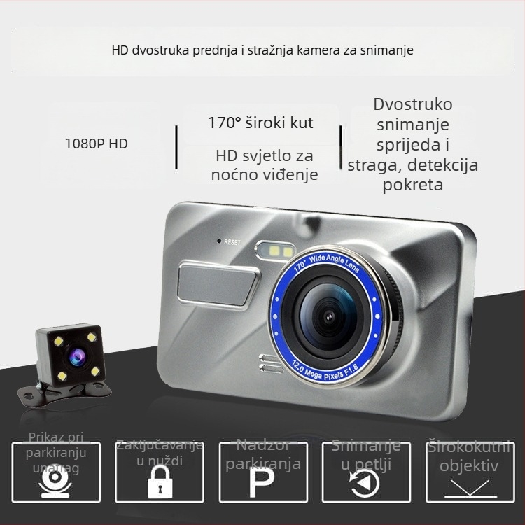 4-inčni auto DVR od cinkovog legura, HD noćno snimanje, 1080p prednja i stražnja dvostruka snimka, snimanje u petlji
