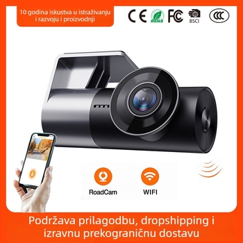 Bežični dash cam s GPS‑om i Wi‑Fi‑om, 1080p, 140° kut vida, montaža na prednje staklo, jednokanalni objektiv