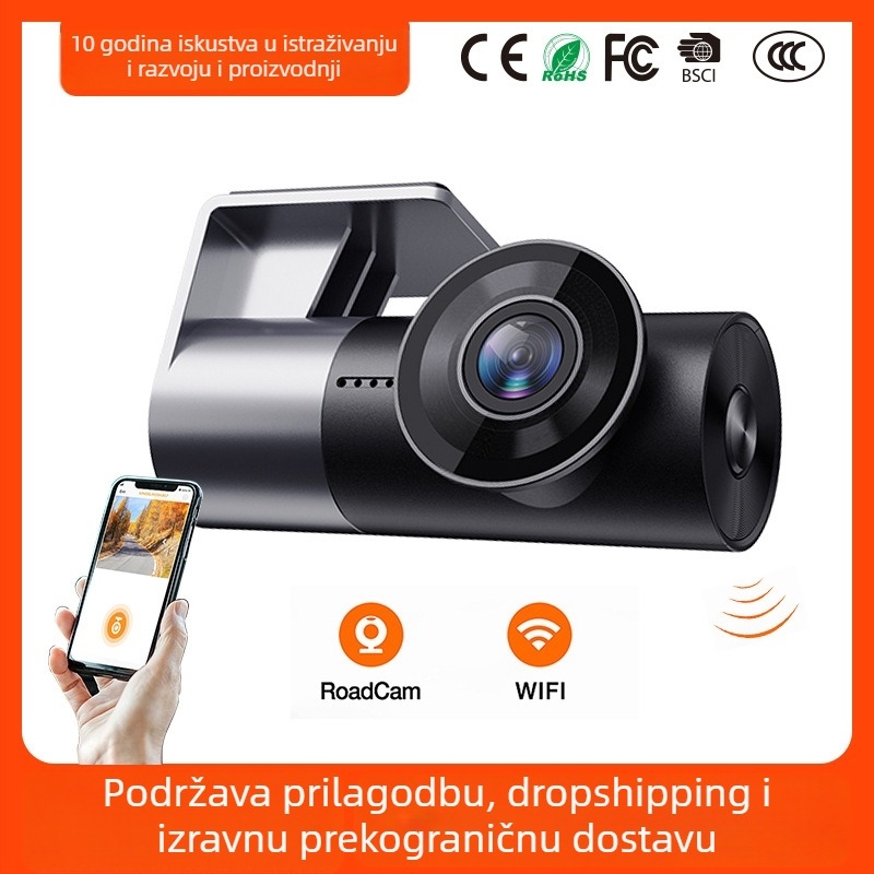 Bežični dash cam s GPS‑om i Wi‑Fi‑om, 1080p, 140° kut vida, montaža na prednje staklo, jednokanalni objektiv