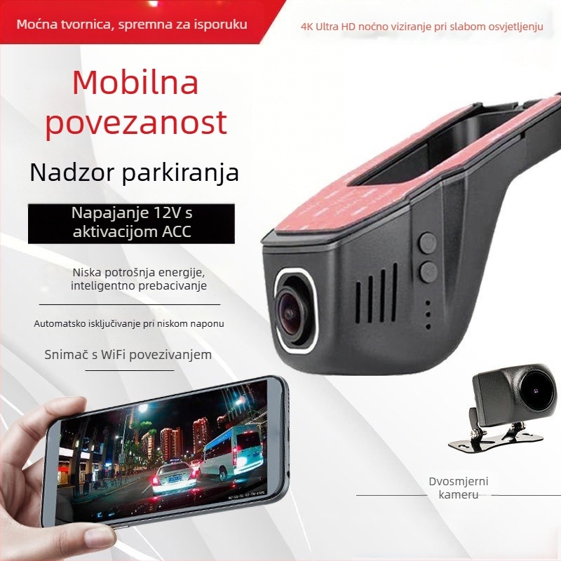 U‑oblikovana skrivena HD dash kamera s Wi‑Fi povezivanjem na telefon, 1080P/4K dvostruko ili jednostruko snimanje, montaža na vjetrobran