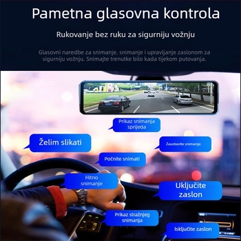 12-inčni dash cam s punim zaslonom, dvostruka leća, prednje i stražnje snimanje, HD noćno snimanje, prikaz u retrovizoru