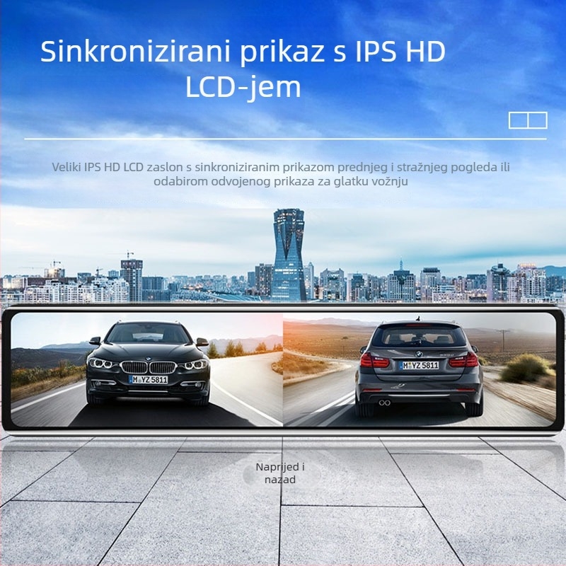 12-inčni dash cam s punim zaslonom, dvostruka leća, prednje i stražnje snimanje, HD noćno snimanje, prikaz u retrovizoru