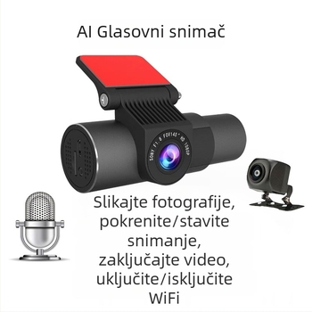 T3 automobilni DVR s tri kamere za unutrašnjost i vanjštinu, WiFi i APP povezanost, 140° široki kut, 5 MP senzor, podržava TF karticu do 128 GB, cikličko snimanje, napajanje 12-30 V