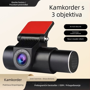 4K automobilska kamera s tri leće, bez zaslona, Wi‑Fi povezanost s pametnim telefonom, noćni vid, HD snimanje cijelog vozila