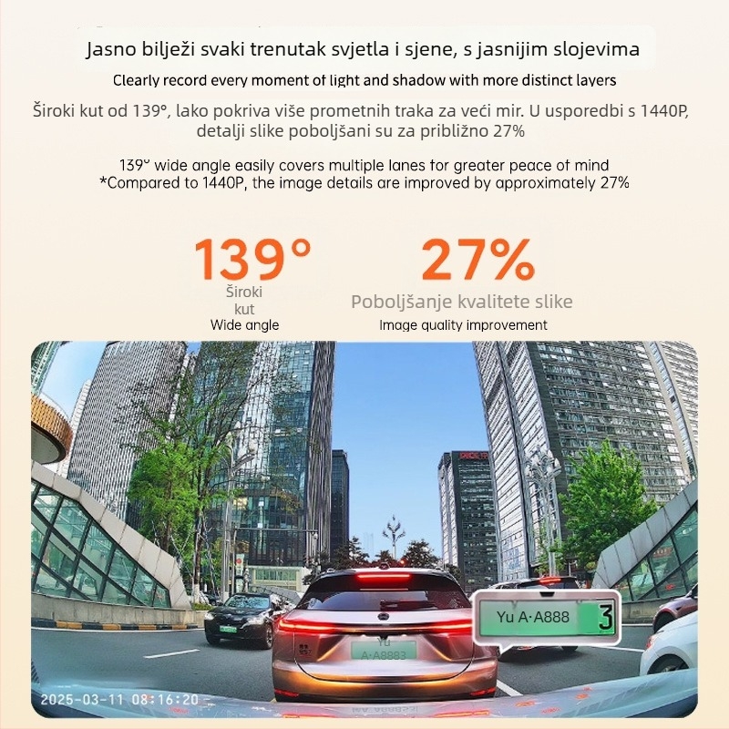 4K automobilska kamera s tri leće, bez zaslona, Wi‑Fi povezanost s pametnim telefonom, noćni vid, HD snimanje cijelog vozila