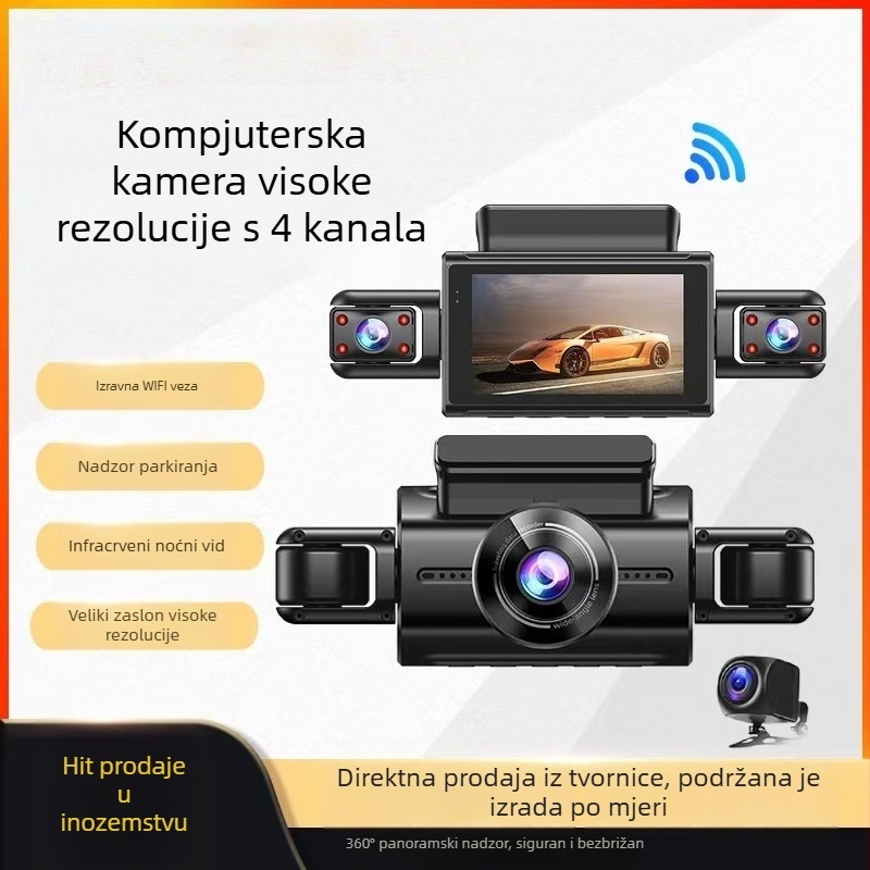 HD dash cam s noćnim vidom, 4 leće, Wi‑Fi, kružno snimanje, 3-inčni IPS zaslon