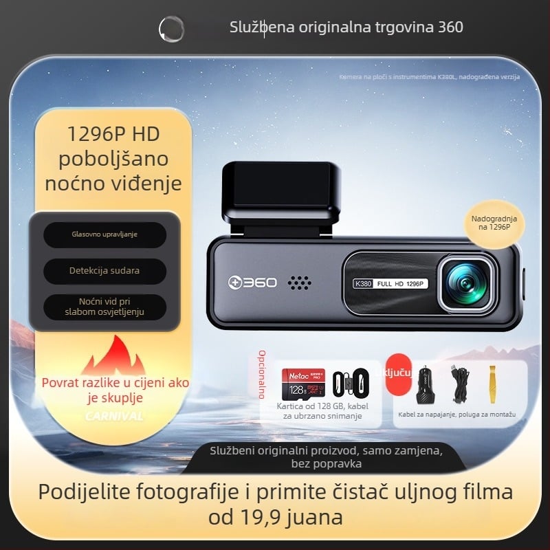 360 dash cam K380JL nadograđena 1296P noćno snimanje praćenje parkiranja bežično