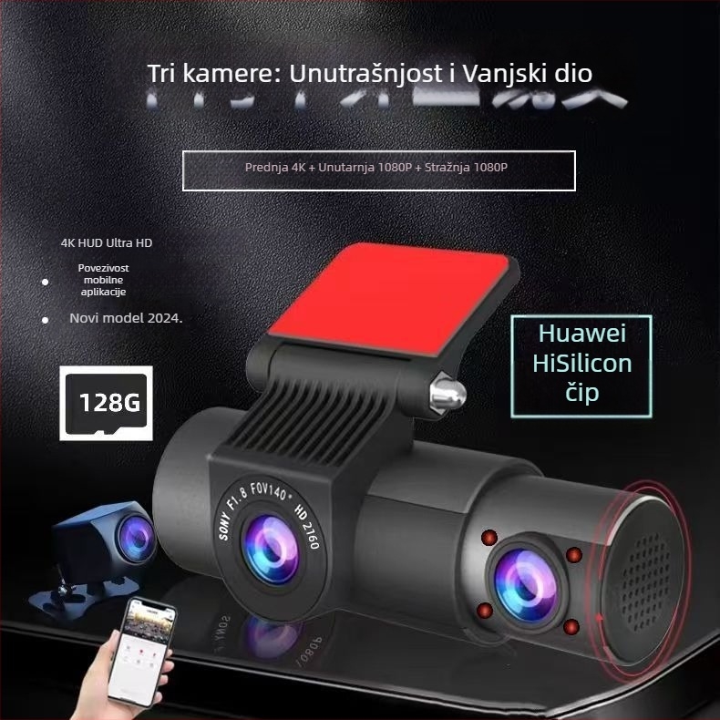 Haoli pravi 4K trokamera dash kamera bez zaslona, Wi‑Fi, 360° snimanje: prednja, unutarnja i stražnja kamera, noćni vid