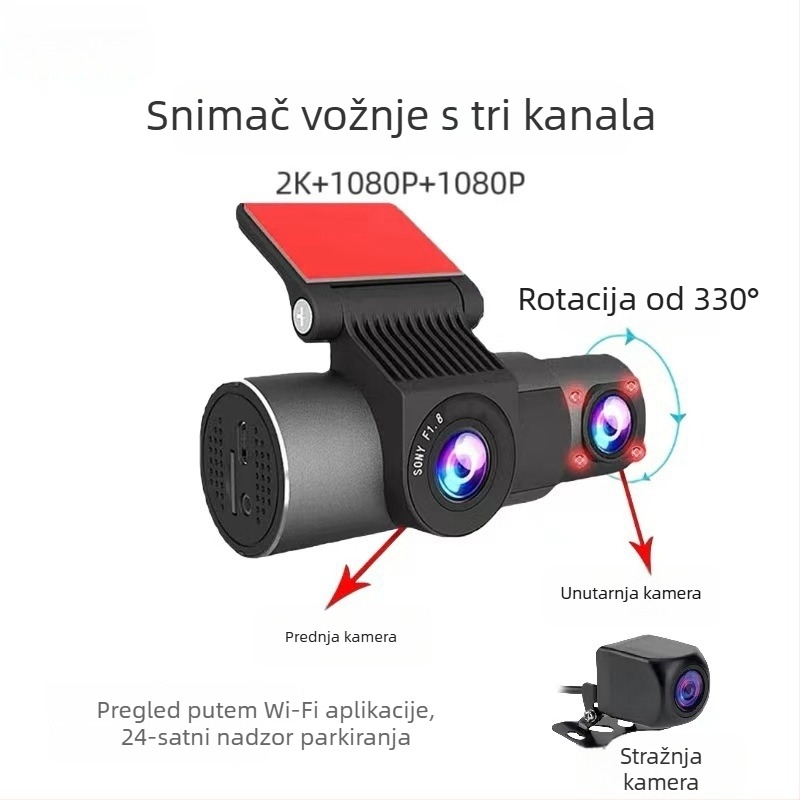 Haoli pravi 4K trokamera dash kamera bez zaslona, Wi‑Fi, 360° snimanje: prednja, unutarnja i stražnja kamera, noćni vid