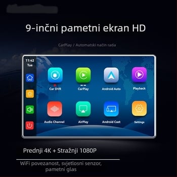 9-inčni bežični CarPlay dash cam sa senzorom svjetla, navigacijom preko 5G Wi‑Fi, 4K snimanjem