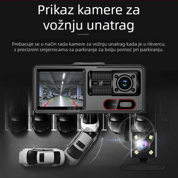 Auto dash cam s tri objektiva, 2-inčni zaslon, Wi-Fi, HD noćni vid, prednja i stražnja DVR