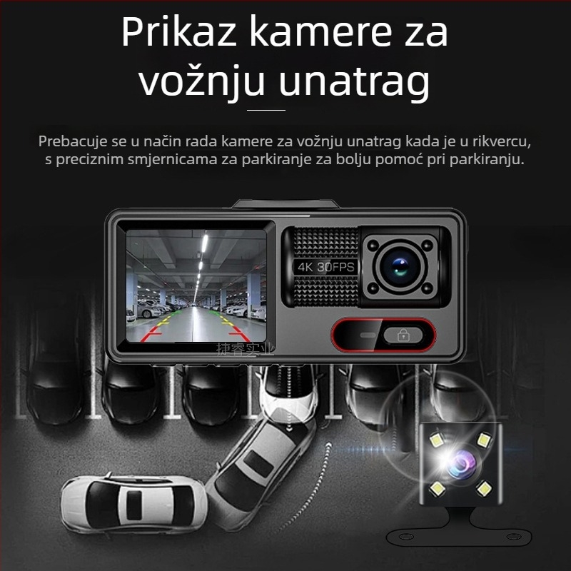 Auto dash cam s tri objektiva, 2-inčni zaslon, Wi-Fi, HD noćni vid, prednja i stražnja DVR