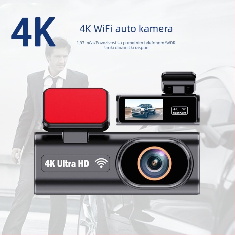 4K Ultra HD Wi‑Fi dash kamera s GPS praćenjem, parkiranjem, prednjom i stražnjom dvostrukom lećom