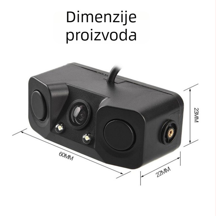 3-u-1 vizualni radar za parkiranje s kamerom i zvučnim signalom, 12V, 2W, 2 senzora, domet 2,5 m