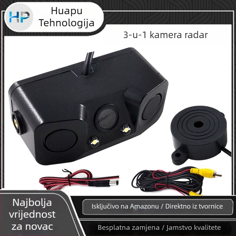 Auto povratni radar s kamerom – tri u jednom s vizualnim prikazom i zvučnim signalom (12V, prilagodljiv kut, rezolucija 648×488, AV video signal, zrcalni prikaz)