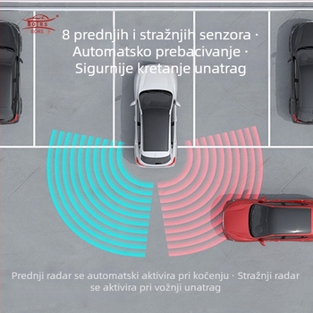 Univerzalni radar za vožnju unatrag u obliku malog polumjeseca, s 8 senzora sprijeda i straga, LED zaslon, zvučni signal, pomoć pri parkiranju
