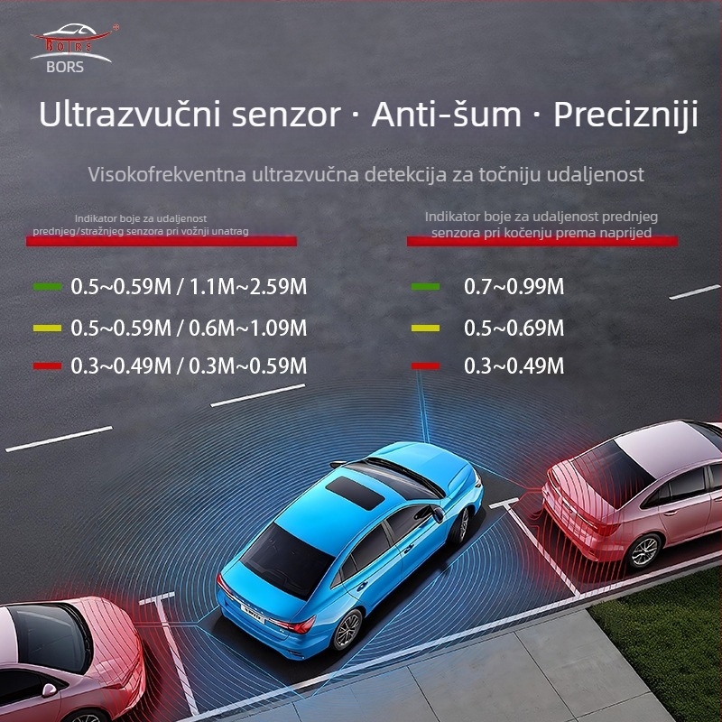 Univerzalni radar za vožnju unatrag u obliku malog polumjeseca, s 8 senzora sprijeda i straga, LED zaslon, zvučni signal, pomoć pri parkiranju