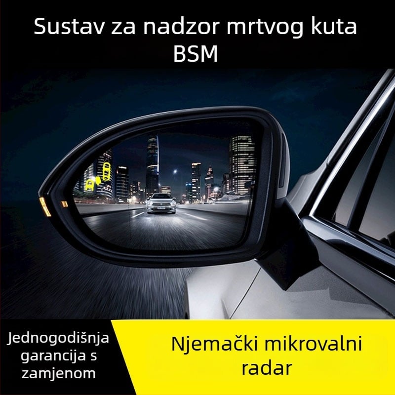 Sustav nadzora mrtvog kuta uz pomoć pri promjeni trake i radar milimetarskih valova (domet detekcije 10 m, zaslon u retrovizoru, napajanje 12V, svjetlosno-zvučna alarma, -30°C do 80°C)