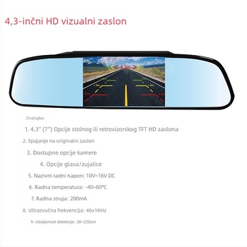 Automobilski retrovizor s 4,3-inčnim HD zaslonom i radarom za parkiranje sa 4 senzora i zvučnim signalom