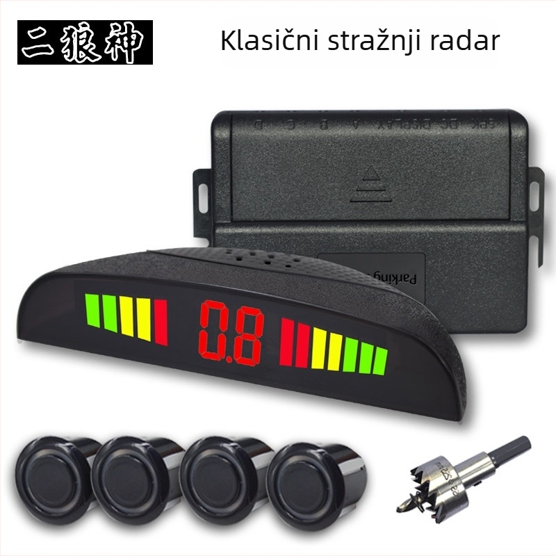 Radar za parkiranje autom s LED zaslonom, 4 sonde, model NY3016, glasovno ili zvučno upozorenje, napajanje 12V, domet 0.3-2.3 m, mogućnost privatne oznake