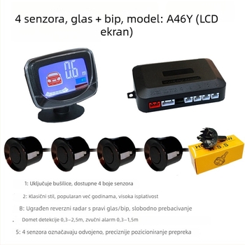 Zvučni radar za parkiranje s zvučnikom i polumjesečnim zaslonom, radar s 6/8 senzora za vozila, 12V, domet 0,3–2,5 m