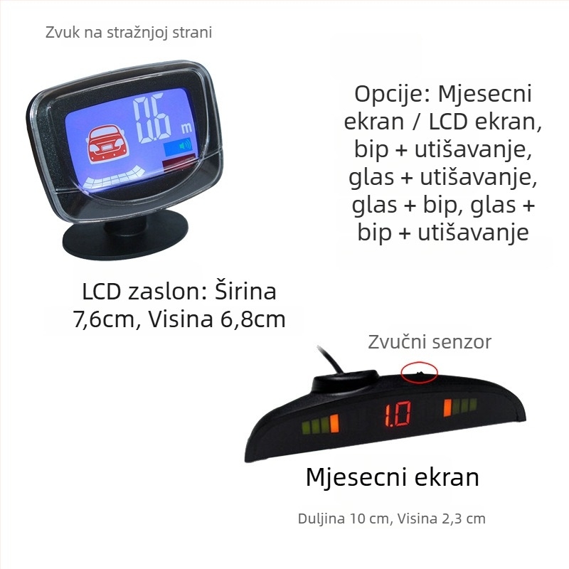 Zvučni radar za parkiranje s zvučnikom i polumjesečnim zaslonom, radar s 6/8 senzora za vozila, 12V, domet 0,3–2,5 m
