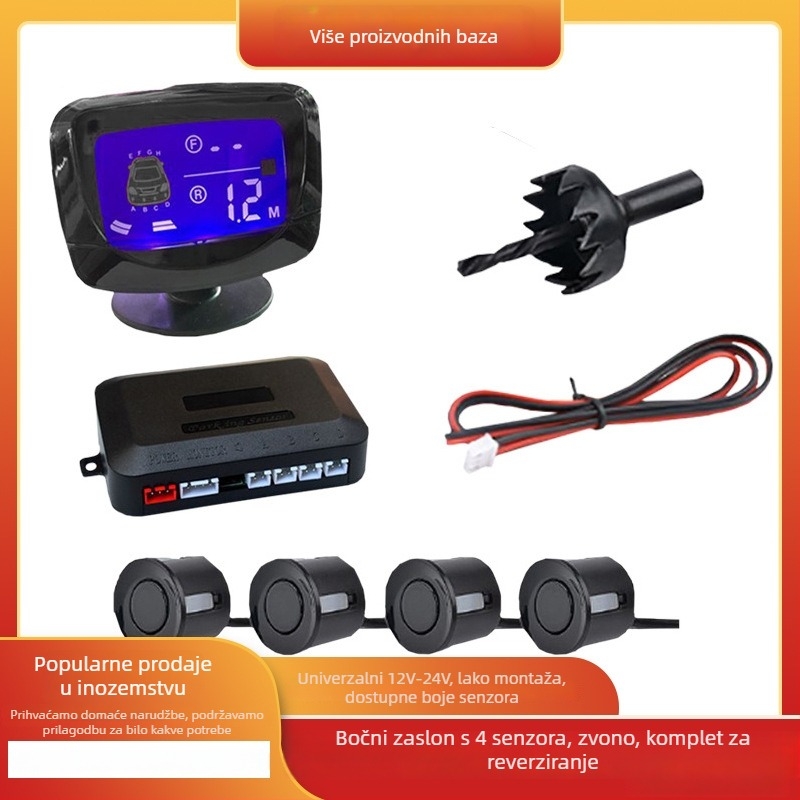 Automobilski radar za pomoć pri parkiranju s 4 senzora, LCD zaslon, model A46Y, glasovno upozorenje, domet detekcije 2.5 m – 0.3 m
