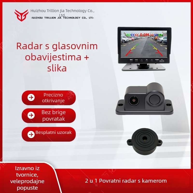 12V 2-u-1 vidljivih radar za vožnju unazad s kamerom, model W-017, snaga 2W, domet detekcije 2 m, zvučni alarm