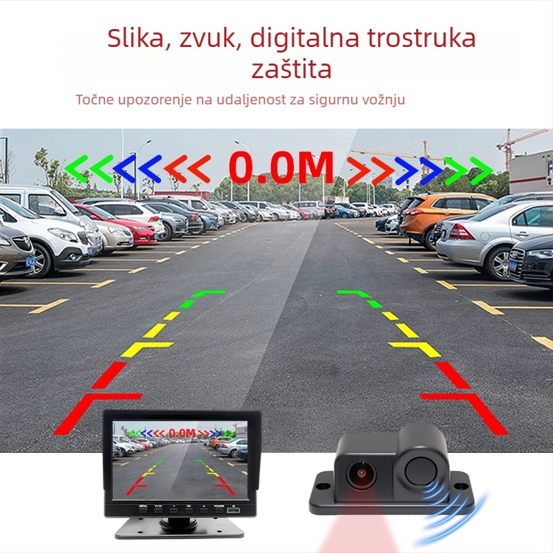 12V 2-u-1 vidljivih radar za vožnju unazad s kamerom, model W-017, snaga 2W, domet detekcije 2 m, zvučni alarm