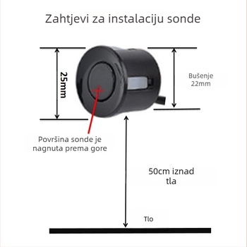 LED radar za vožnju unatrag, model Small Crescent, domet detekcije 0,3–2,5 m, napajanje 12 V, radna temperatura -40…+80 °C