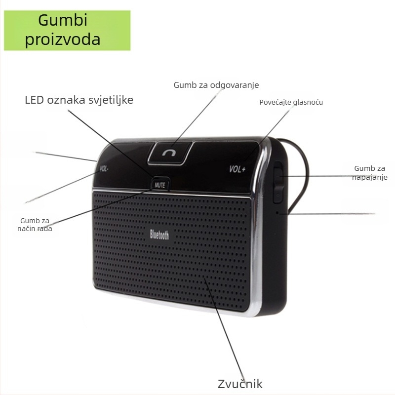 LD168 Bluetooth hands-free za automobil, montaža na sunčani vizir, bežični, ulaz 3.7V, kompatibilan sa svim telefonima