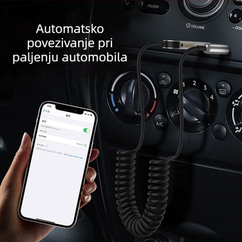 AUX bežični automobilski Bluetooth prijemnik, cinkov legura, handsfree, 5V ulaz, kabel 150 cm, 24 kHz frekvencijski odziv, osjetljivost mikrofona 42 dB