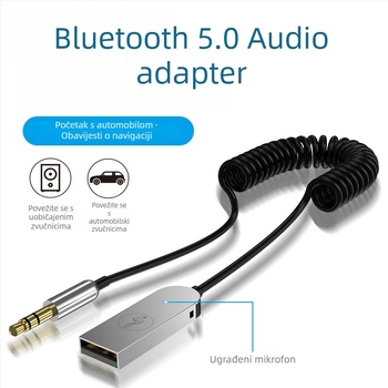 AUX bežični automobilski Bluetooth prijemnik, cinkov legura, handsfree, 5V ulaz, kabel 150 cm, 24 kHz frekvencijski odziv, osjetljivost mikrofona 42 dB