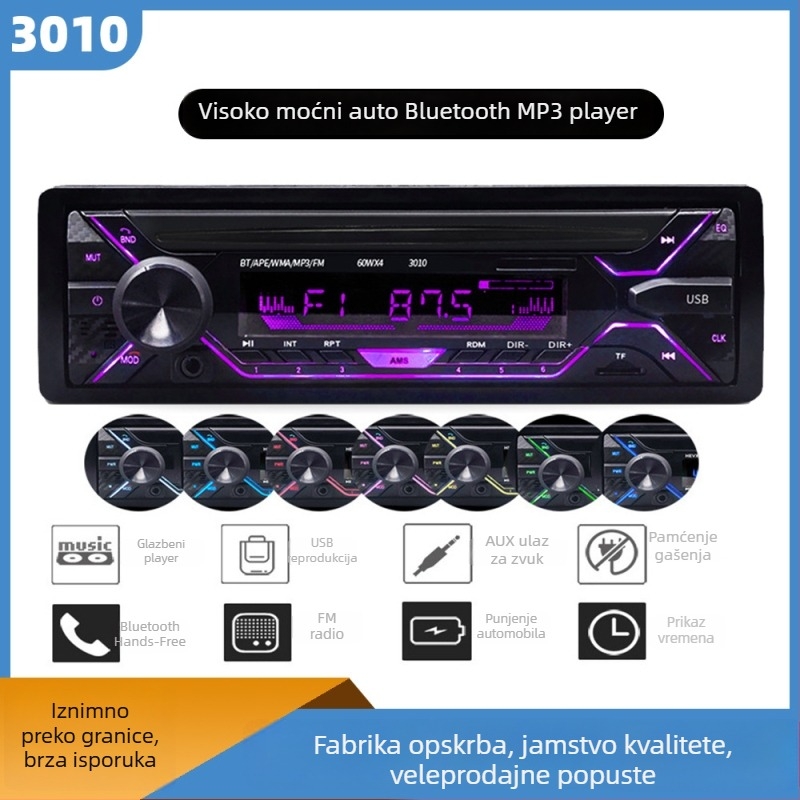 Auto MP3 player s Bluetooth Hands-Free, FM radio, podrška USB flash, model 3010, napajanje 12V vozila