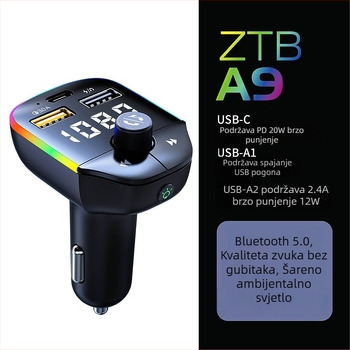 A9 auto Bluetooth MP3 player s šarenim LED svjetlima, višefunkcijski Bluetooth hands-free, FM transmiter i auto punjač