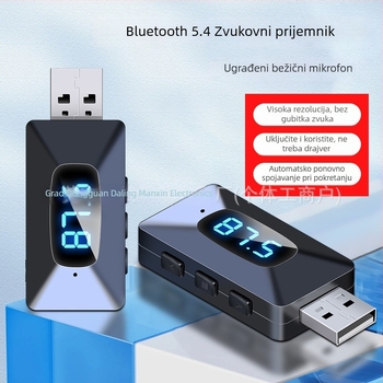 Automobilski Bluetooth prijemnik 5.4, audio adaptér MF transmiter — USB sučelje, Plug‑and‑Play, domet 10 m, 100 Mbps