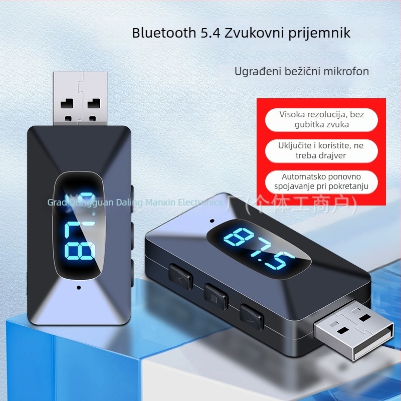 Automobilski Bluetooth prijemnik 5.4, audio adaptér MF transmiter — USB sučelje, Plug‑and‑Play, domet 10 m, 100 Mbps
