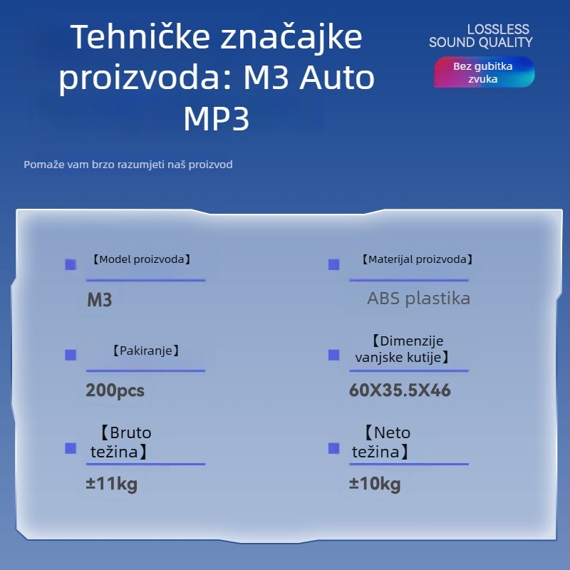 Auto Bluetooth MP3 player s USB, FM radio, napajanje 12–24V, model M3