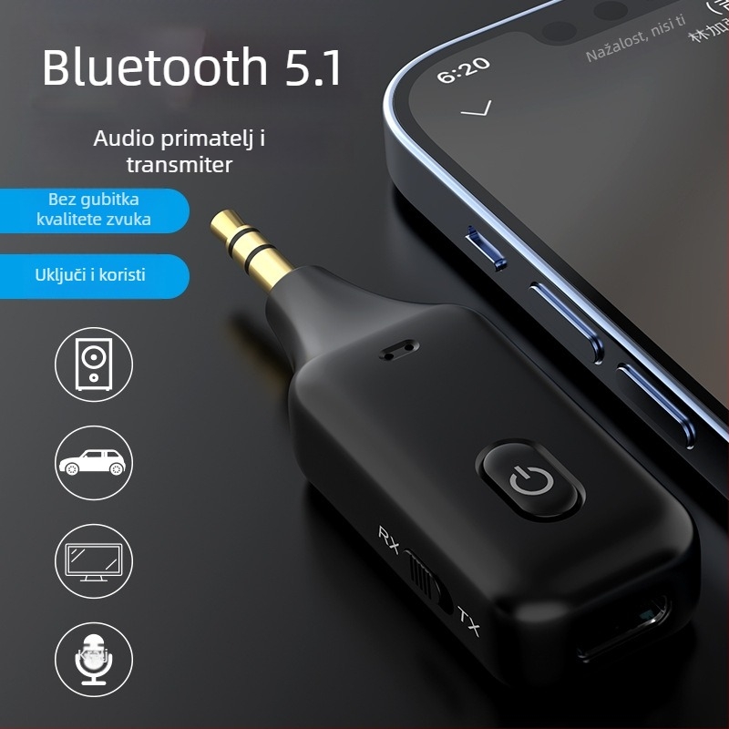 3-u-1 Bluetooth prijemnik/emit er/adapter za 3,5 mm AUX, model A60, Plug and Play, Bluetooth 5.1, bez vanjskog napajanja, domet do 15 m