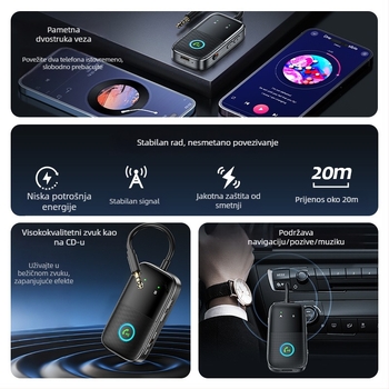 Auto Bluetooth prijemnik A5R, Bluetooth 5.4, sučelje 3,5 mm/Type-C, plug-and-play, vanjsko napajanje, domet do 20 m