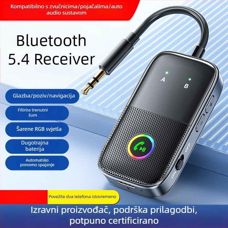 Auto Bluetooth prijemnik A5R, Bluetooth 5.4, sučelje 3,5 mm/Type-C, plug-and-play, vanjsko napajanje, domet do 20 m