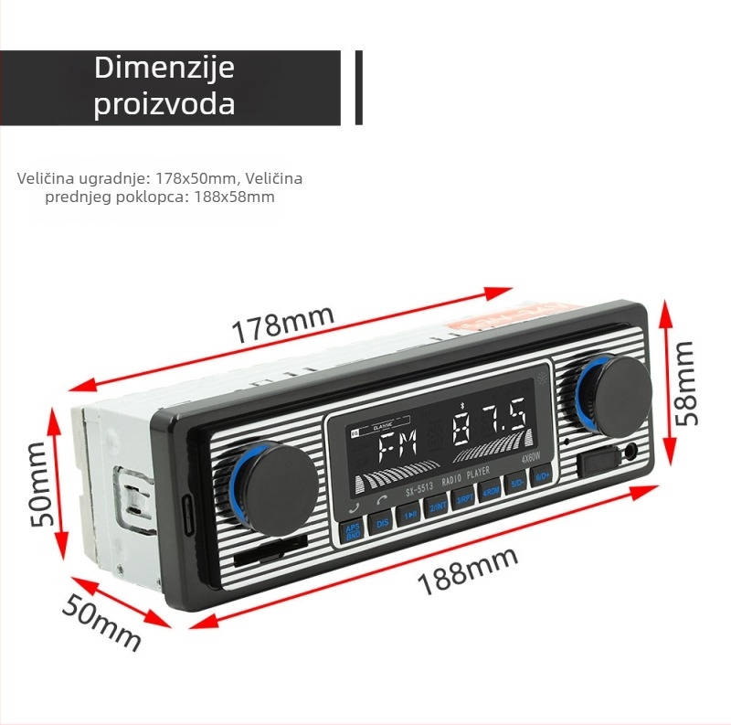 Auto MP3 player s napajanjem 12V, OLED zaslon, FM radio, MP3 reprodukcija putem USB/TF kartice, 128MB memorije