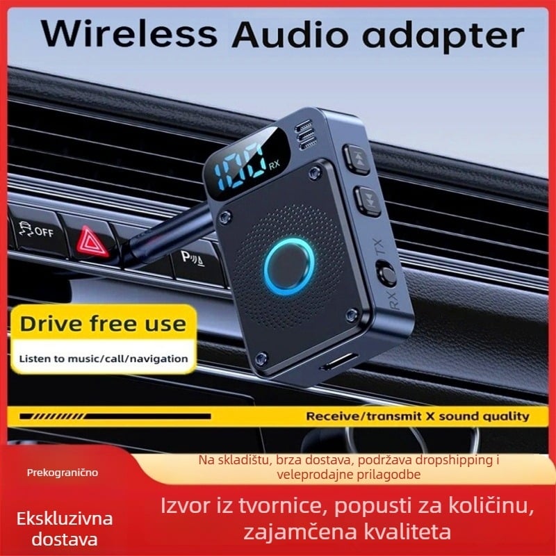 Auto Bluetooth 5.4 prijemnik–emiter s digitalnim zaslonom, 3,5 mm AUX, Plug‑and‑Play hands-free, doseg do 10 m