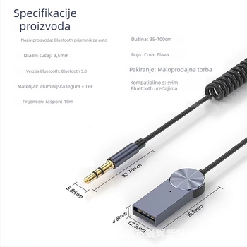 Automobilski Bluetooth prijemnik s AUX 3,5 mm, Bluetooth 5.3, Plug‑and‑Play, doseg do 10 m, bez vanjskog napajanja