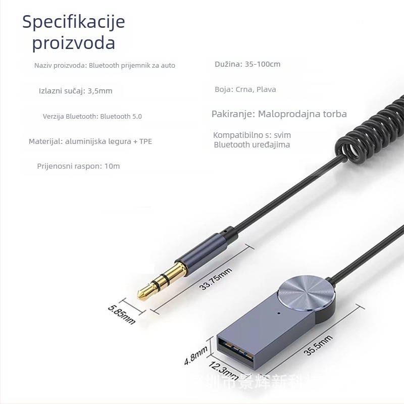 Automobilski Bluetooth prijemnik s AUX 3,5 mm, Bluetooth 5.3, Plug‑and‑Play, doseg do 10 m, bez vanjskog napajanja