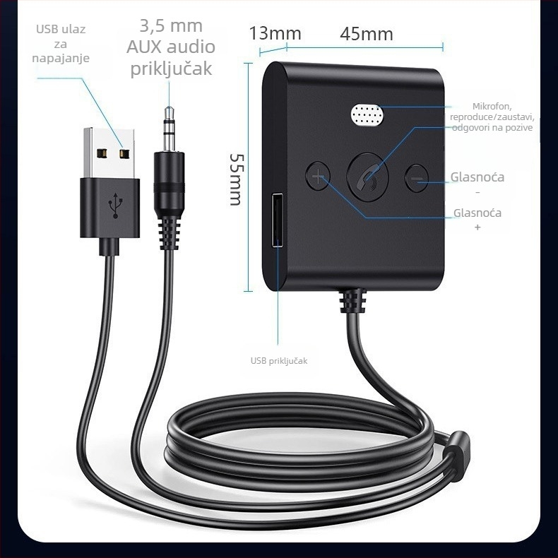 Auto Bluetooth glazbeni prijemnik, 3,5 mm AUX USB, Bluetooth 5.4, model B61, Plug‑and‑Play s vanjskim napajanjem